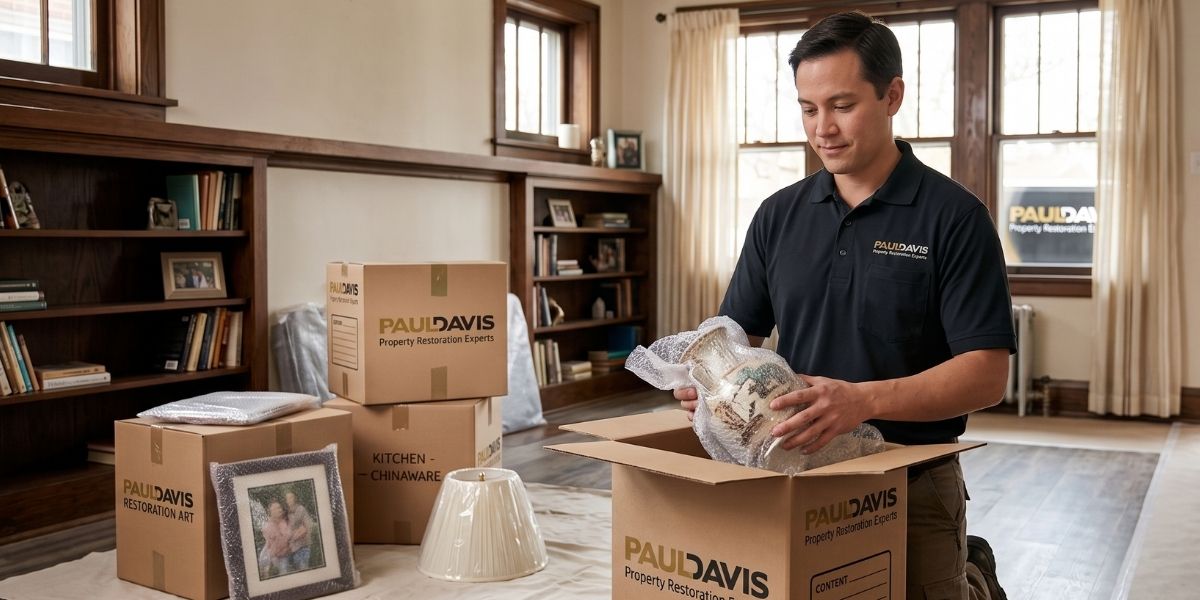 A Paul Davis Restoration technician packing a wrapped ceramic item into a branded Paul Davis box during a contents pack-out in a bungalow-style living room.
